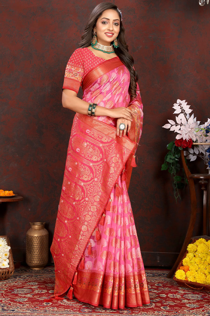 Posh Dark Pink Soft Banarasi Silk Saree With Piquant Blouse Piece