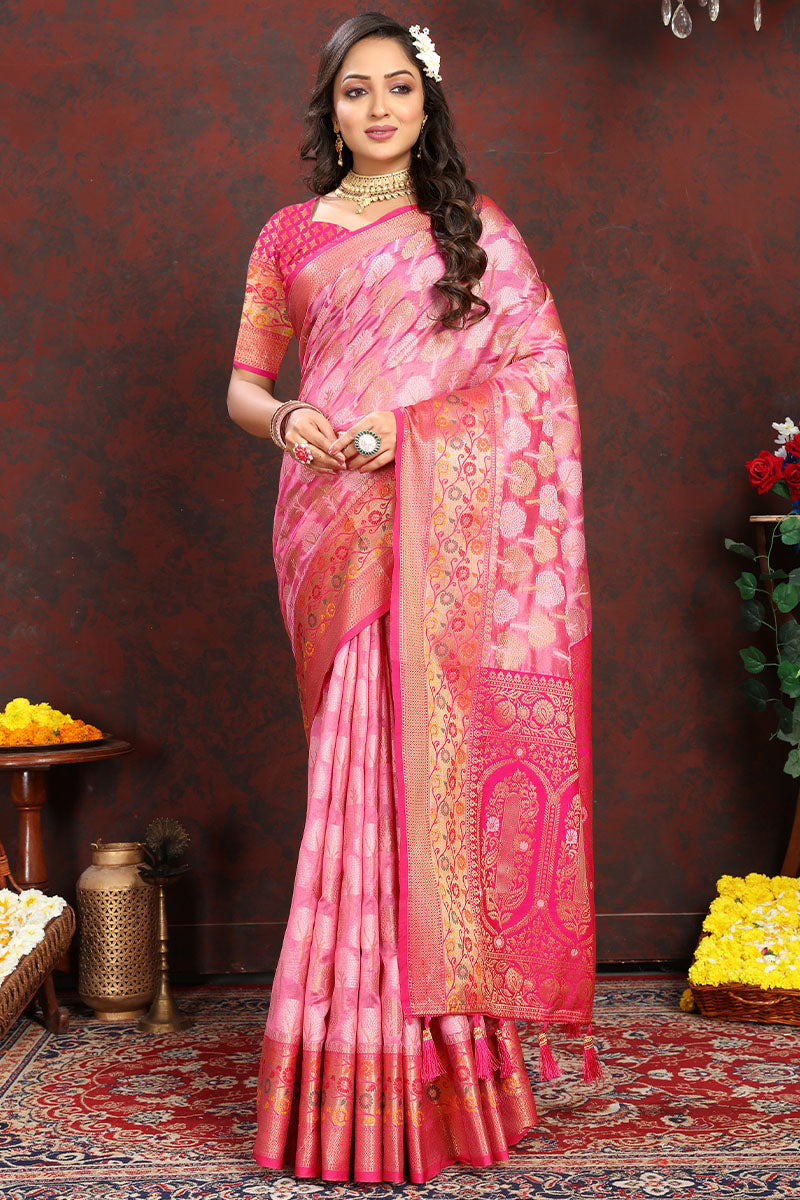 Sonorous Pink Soft Banarasi Silk Saree With Verdant Blouse Piece