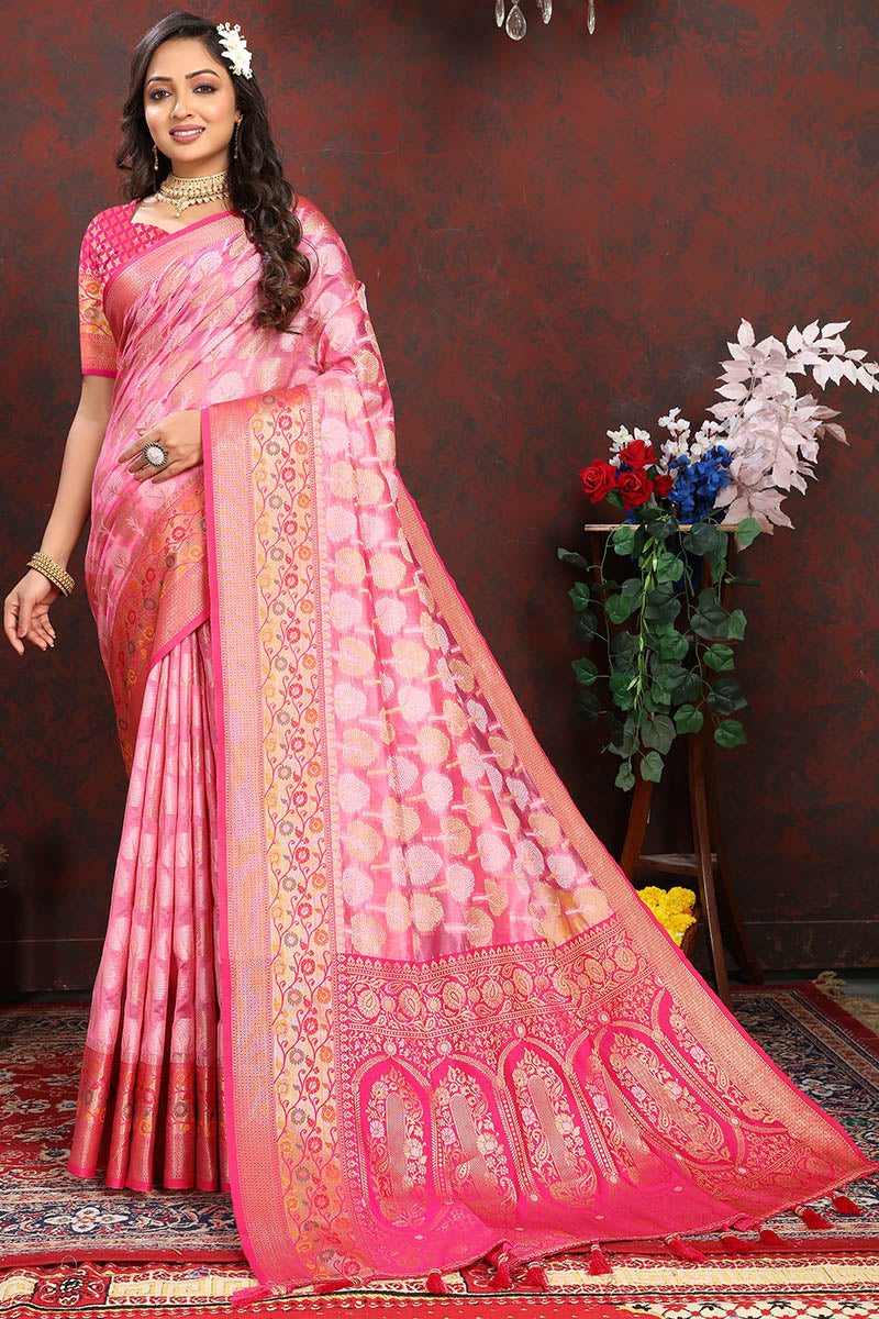 Sonorous Pink Soft Banarasi Silk Saree With Verdant Blouse Piece
