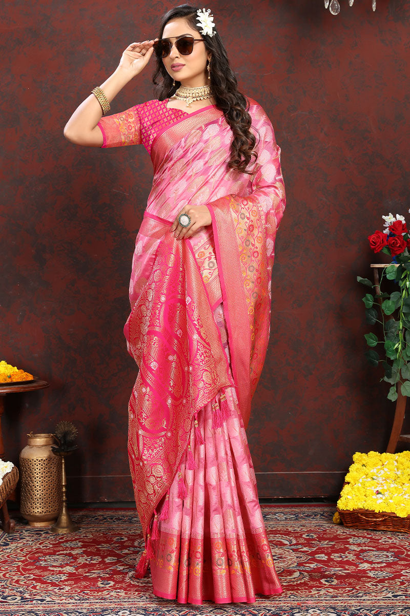 Sonorous Pink Soft Banarasi Silk Saree With Verdant Blouse Piece