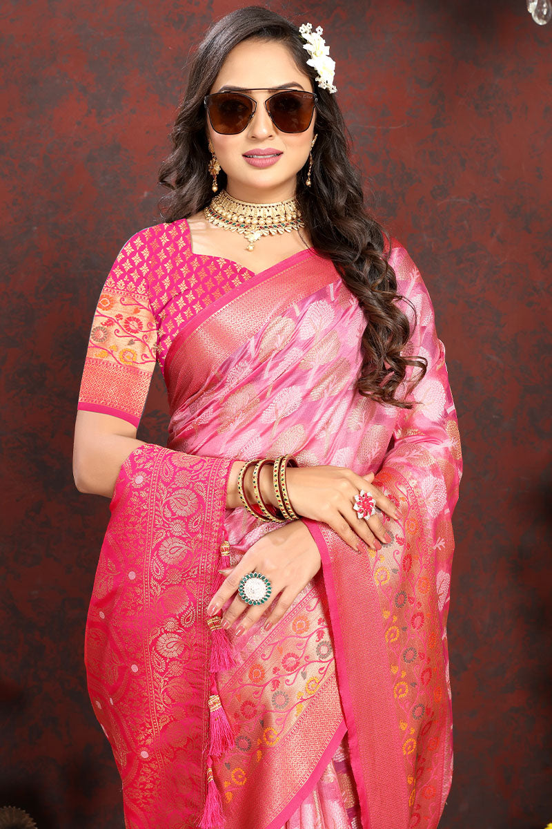 Sonorous Pink Soft Banarasi Silk Saree With Verdant Blouse Piece