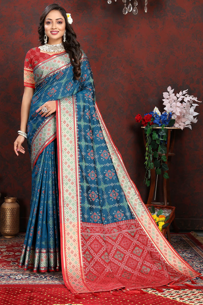 Comely Teal Blue Soft Banarasi Silk Saree With Efflorescence Blouse Piece