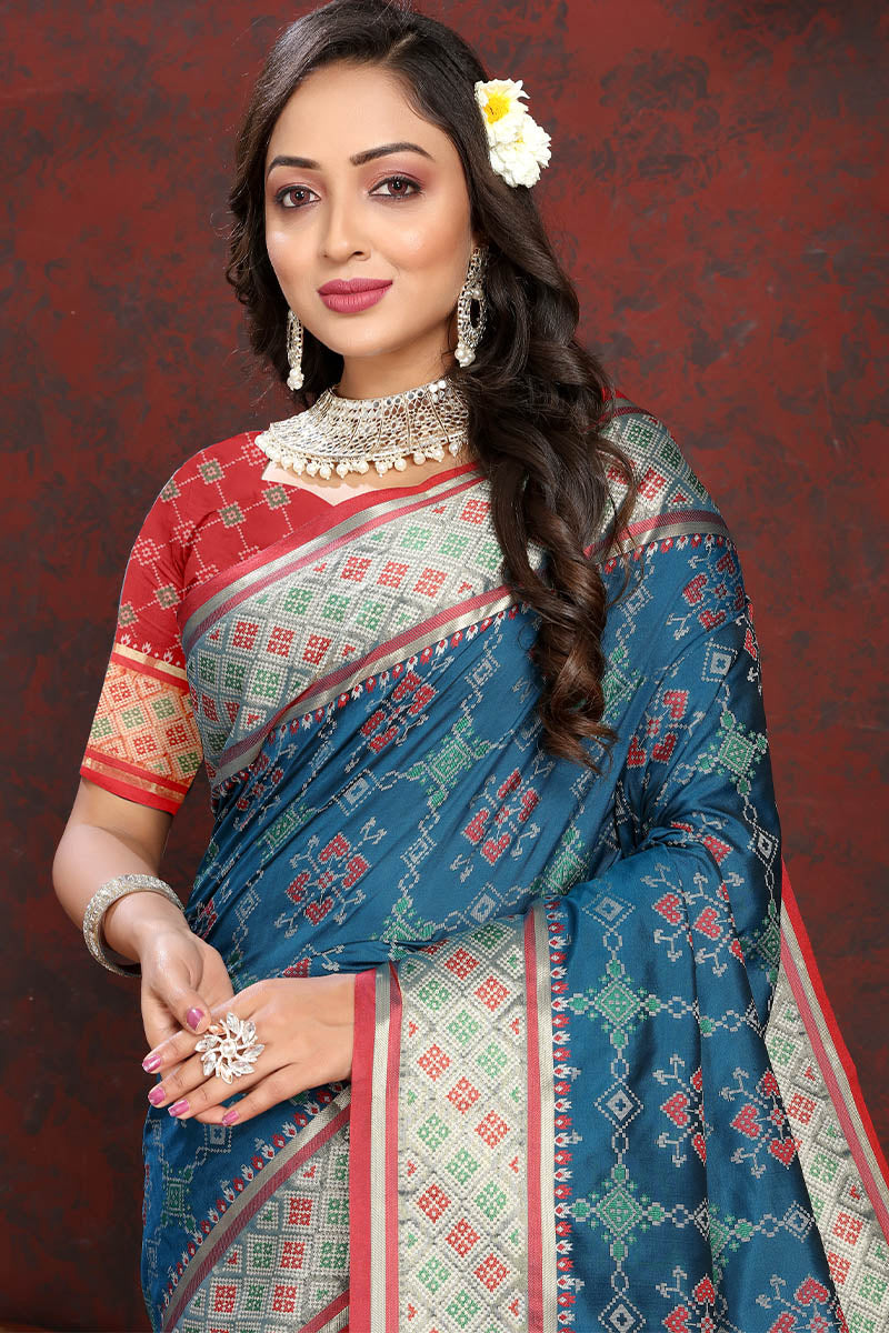 Comely Teal Blue Soft Banarasi Silk Saree With Efflorescence Blouse Piece