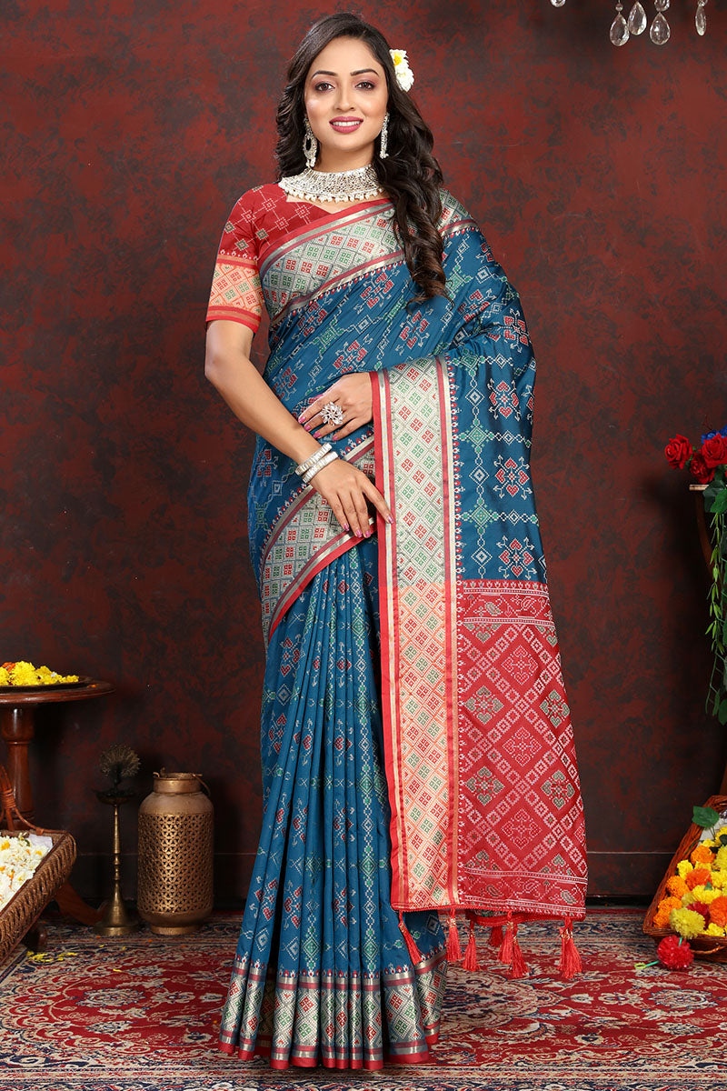 Comely Teal Blue Soft Banarasi Silk Saree With Efflorescence Blouse Piece