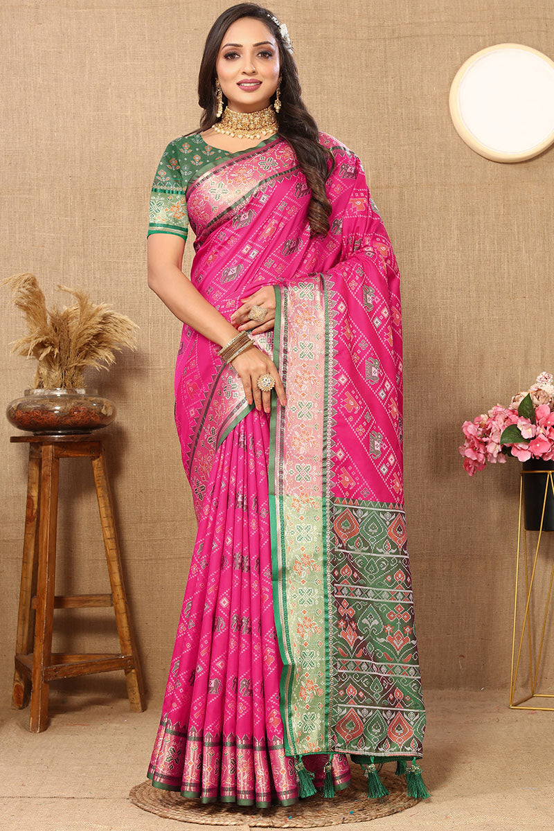 Opulent Dark Pink Soft Banarasi Silk Saree With Nebula Blouse Piece