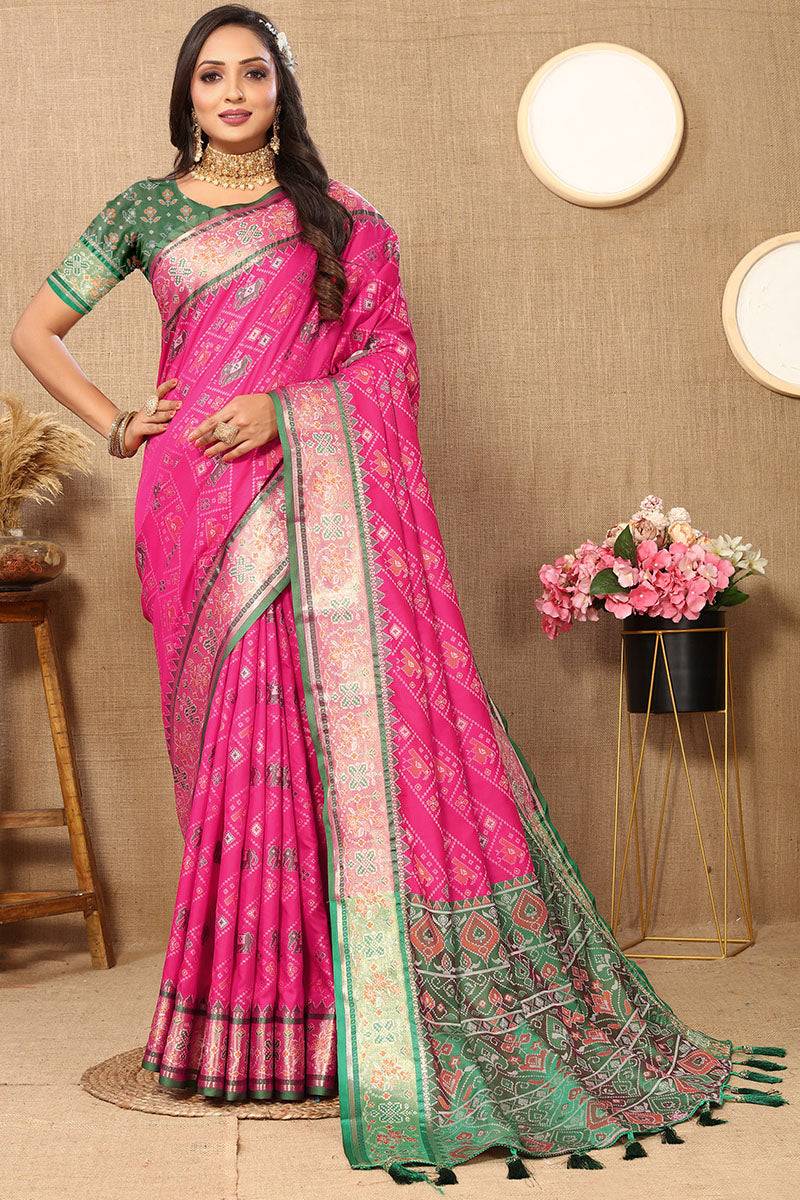 Opulent Dark Pink Soft Banarasi Silk Saree With Nebula Blouse Piece