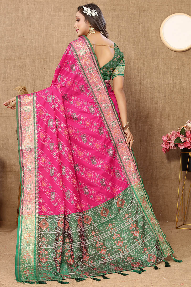 Opulent Dark Pink Soft Banarasi Silk Saree With Nebula Blouse Piece