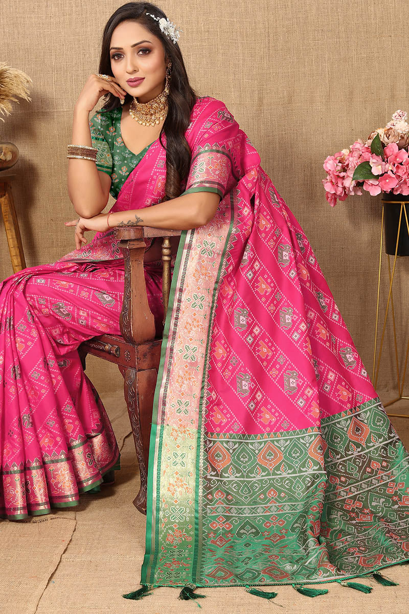 Opulent Dark Pink Soft Banarasi Silk Saree With Nebula Blouse Piece