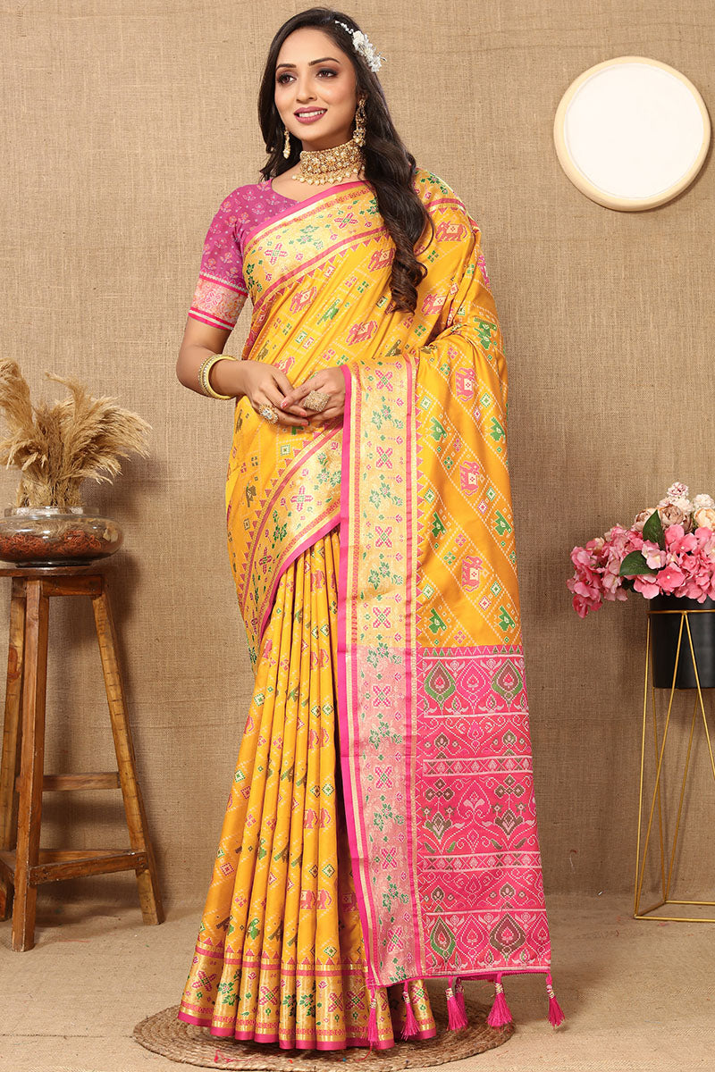Imbrication Yellow Soft Banarasi Silk Saree With Dalliance Blouse Piece