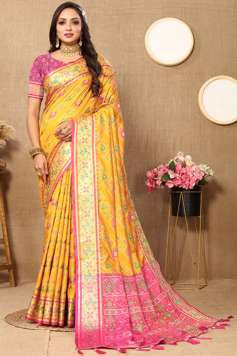 Imbrication Yellow Soft Banarasi Silk Saree With Dalliance Blouse Piece