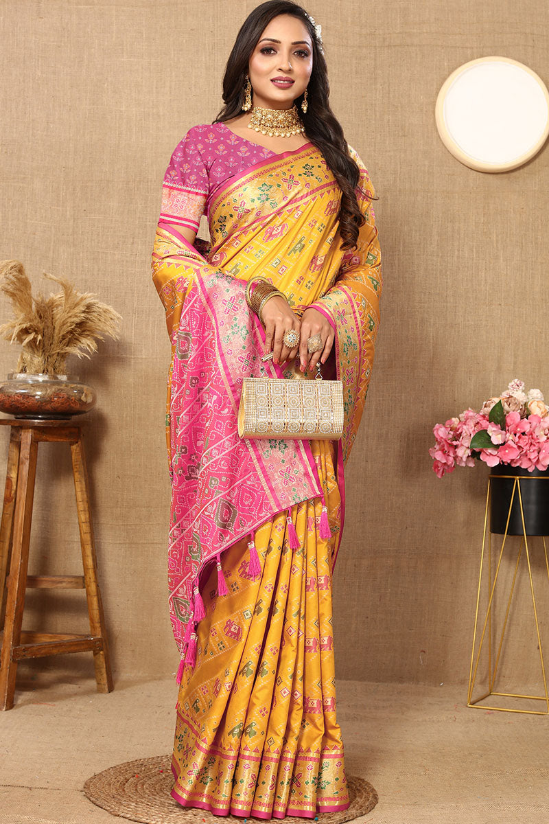Imbrication Yellow Soft Banarasi Silk Saree With Dalliance Blouse Piece