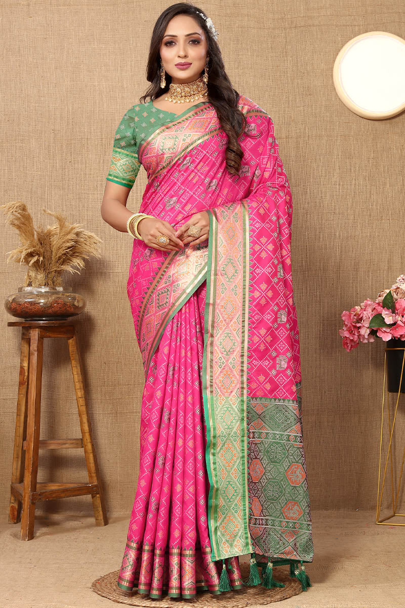 Blooming Dark Pink Soft Banarasi Silk Saree With Outstanding Blouse Piece