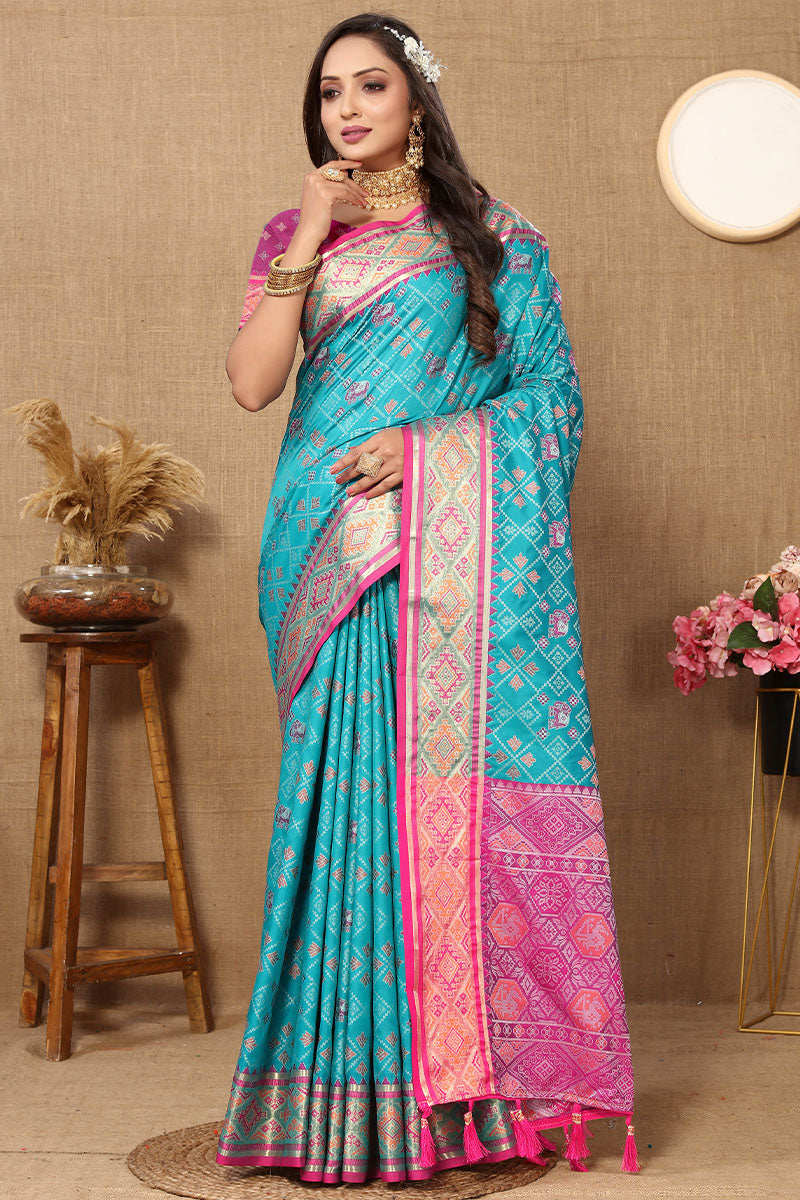 Alluring Firozi Soft Banarasi Silk Saree With Stunning Blouse Piece