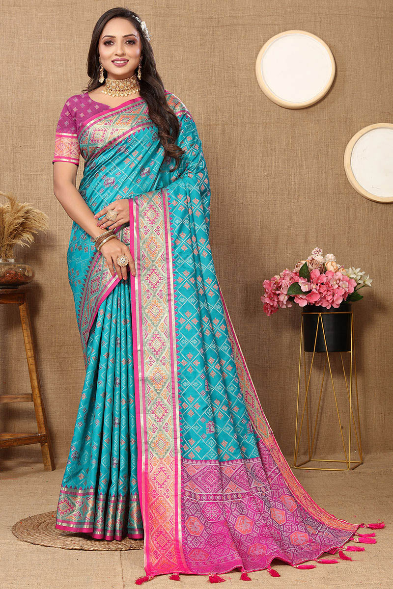 Alluring Firozi Soft Banarasi Silk Saree With Stunning Blouse Piece