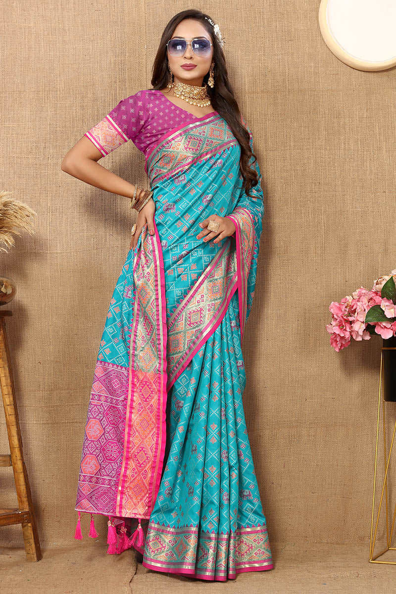 Alluring Firozi Soft Banarasi Silk Saree With Stunning Blouse Piece