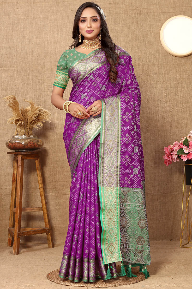 Flamboyant Purple Soft Banarasi Silk Saree With Ailurophile Blouse Piece