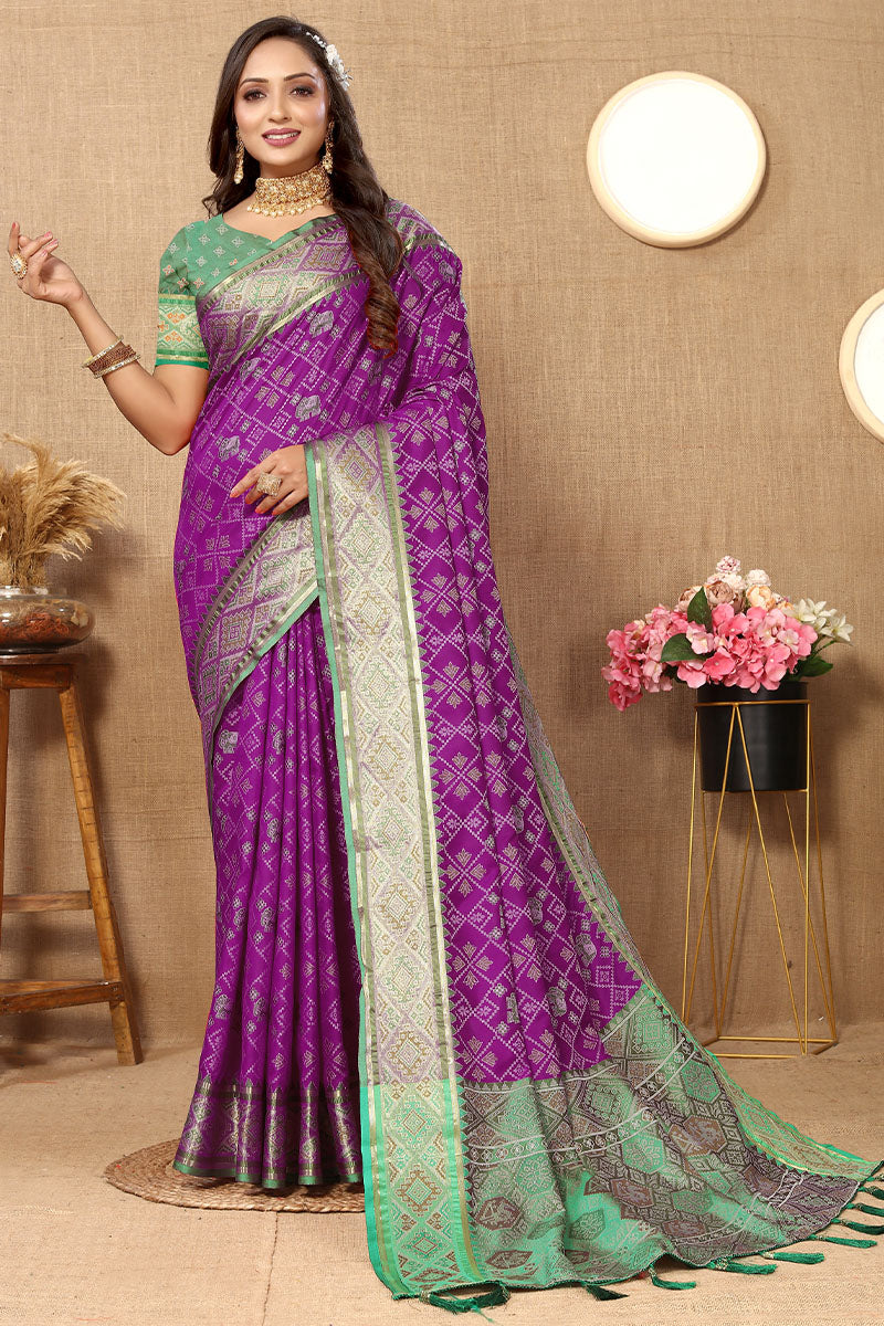 Flamboyant Purple Soft Banarasi Silk Saree With Ailurophile Blouse Piece