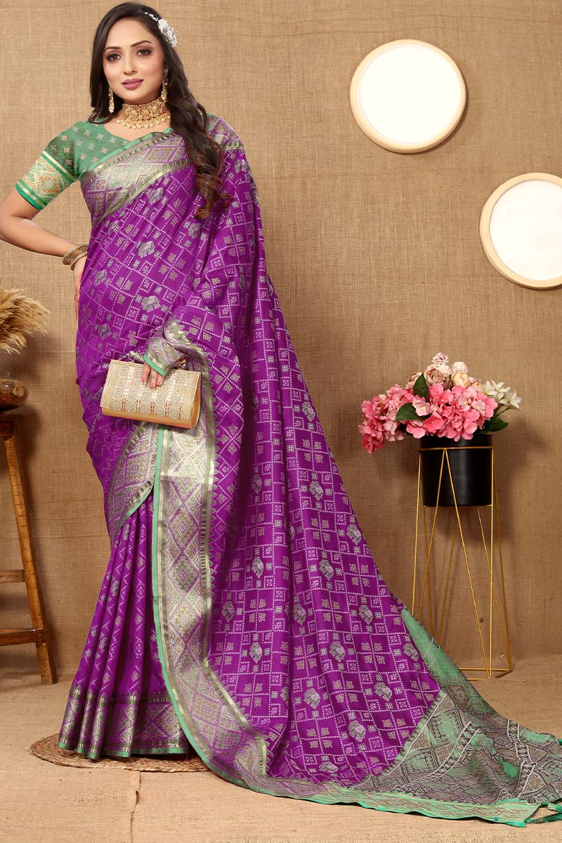 Flamboyant Purple Soft Banarasi Silk Saree With Ailurophile Blouse Piece