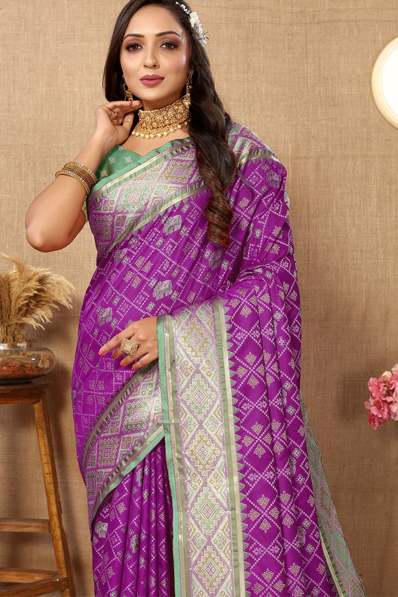 Flamboyant Purple Soft Banarasi Silk Saree With Ailurophile Blouse Piece