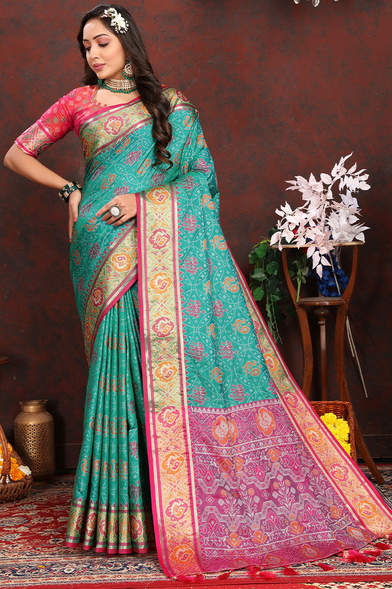 Tempting Sea Green Soft Banarasi Silk Saree With Majestic Blouse Piece