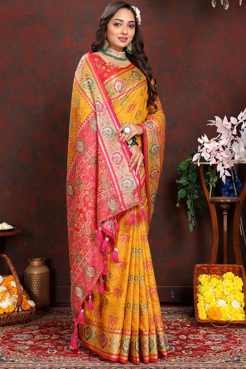 Desiring Yellow Soft Banarasi Silk Saree With Adorning Blouse Piece