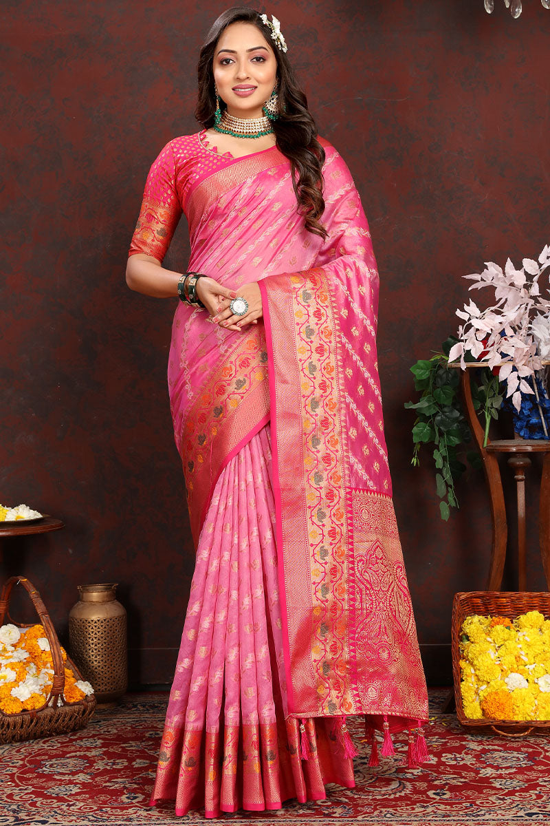 Epiphany Pink Soft Banarasi Silk Saree With Serendipity Blouse Piece