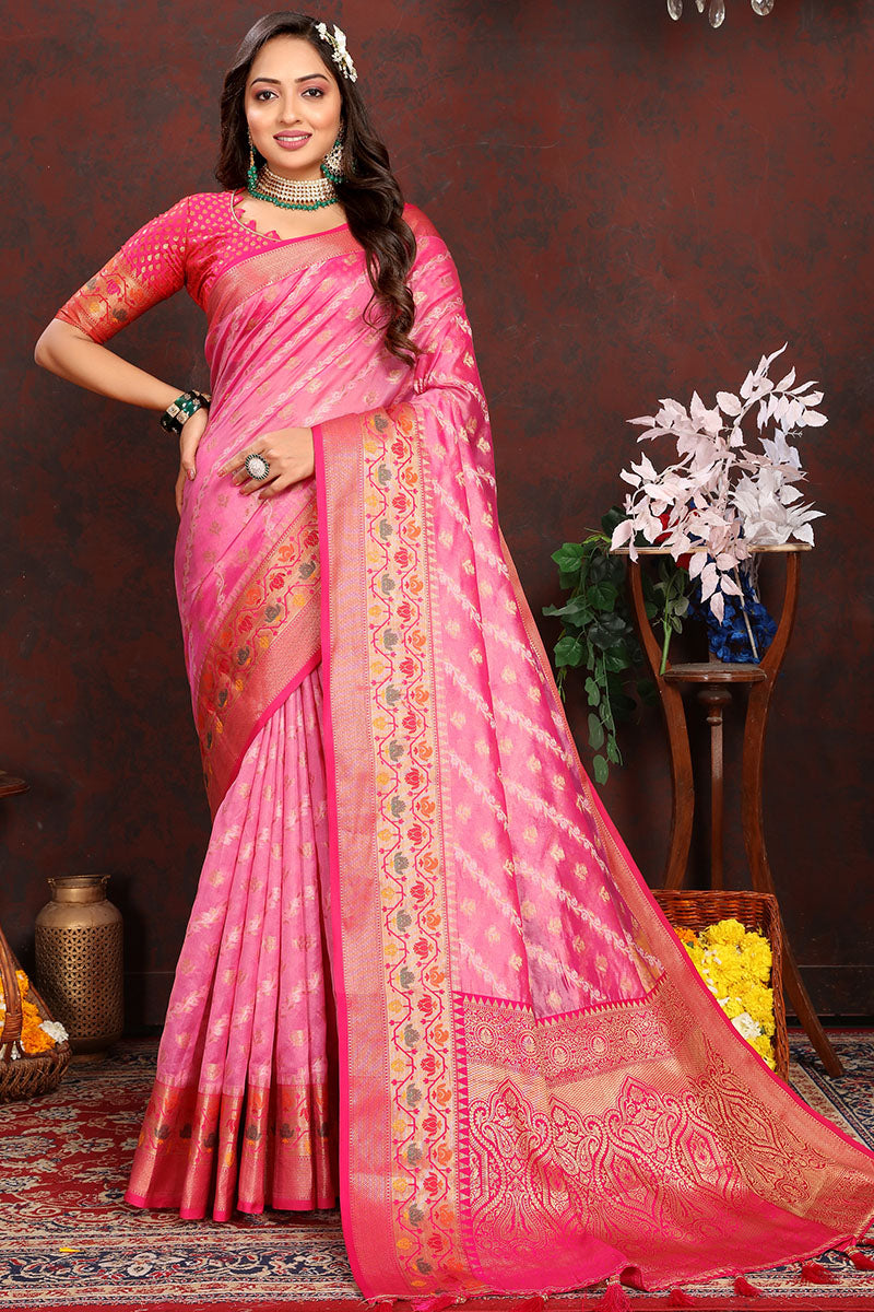 Epiphany Pink Soft Banarasi Silk Saree With Serendipity Blouse Piece