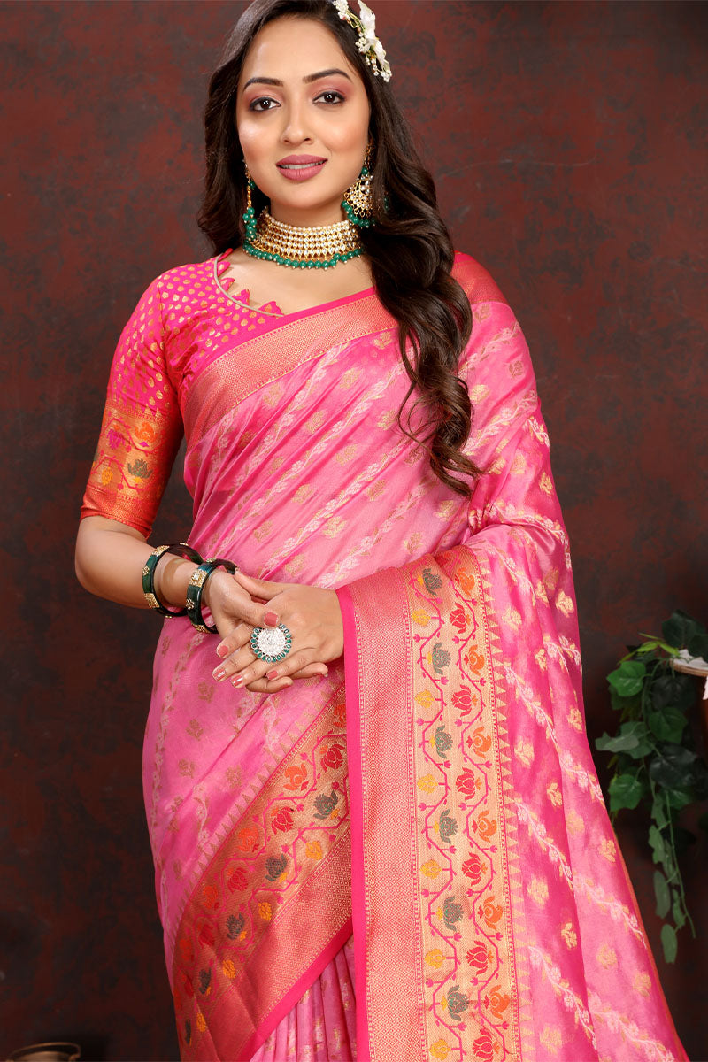 Epiphany Pink Soft Banarasi Silk Saree With Serendipity Blouse Piece