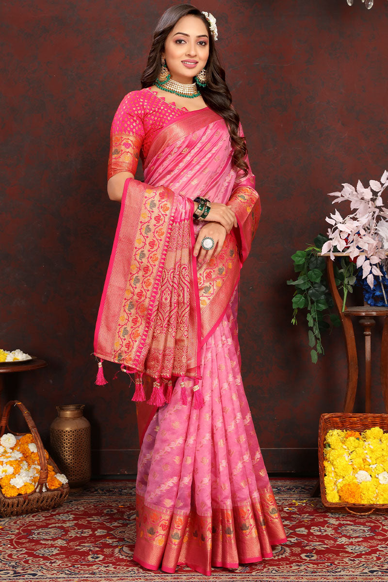 Epiphany Pink Soft Banarasi Silk Saree With Serendipity Blouse Piece