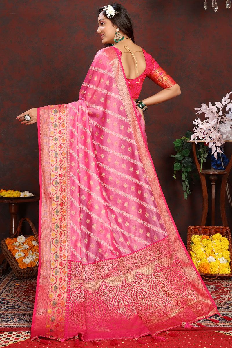 Epiphany Pink Soft Banarasi Silk Saree With Serendipity Blouse Piece