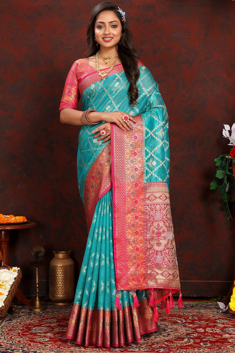 Phenomenal Firozi Soft Banarasi Silk Saree With Staring Blouse Piece