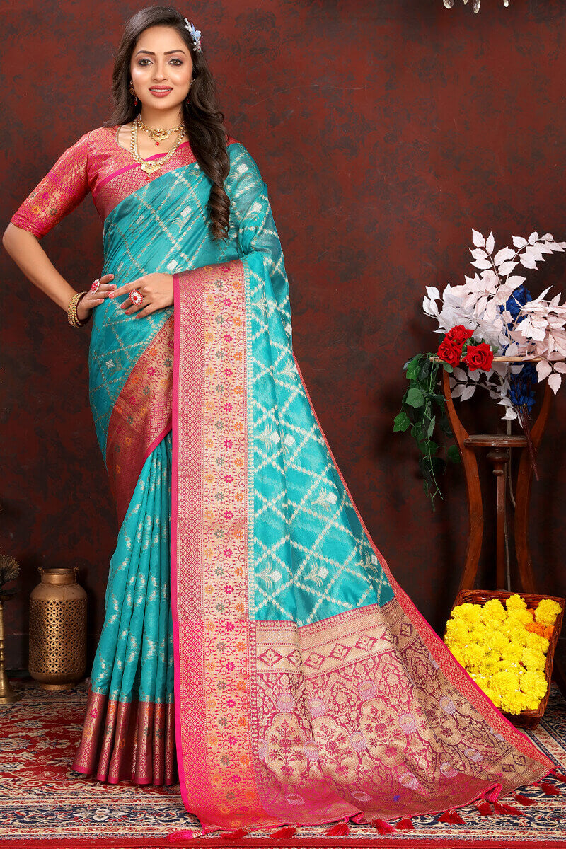 Phenomenal Firozi Soft Banarasi Silk Saree With Staring Blouse Piece