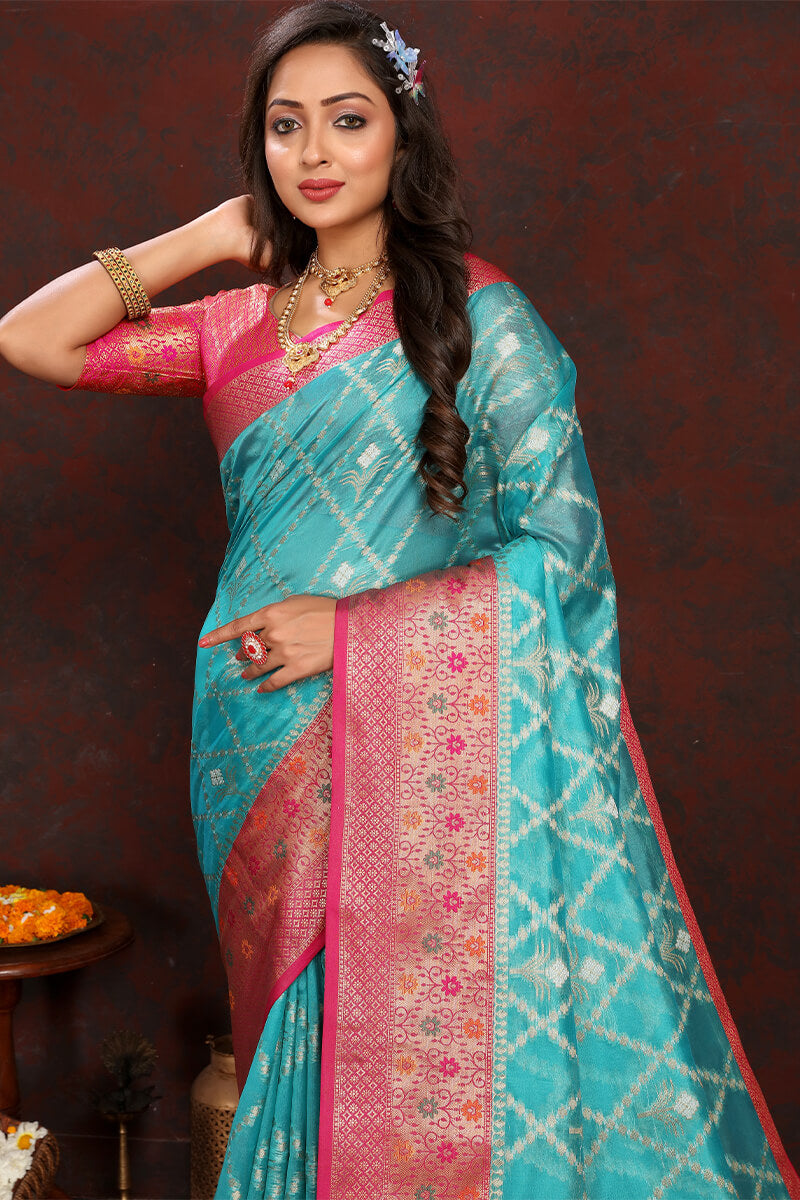 Phenomenal Firozi Soft Banarasi Silk Saree With Staring Blouse Piece