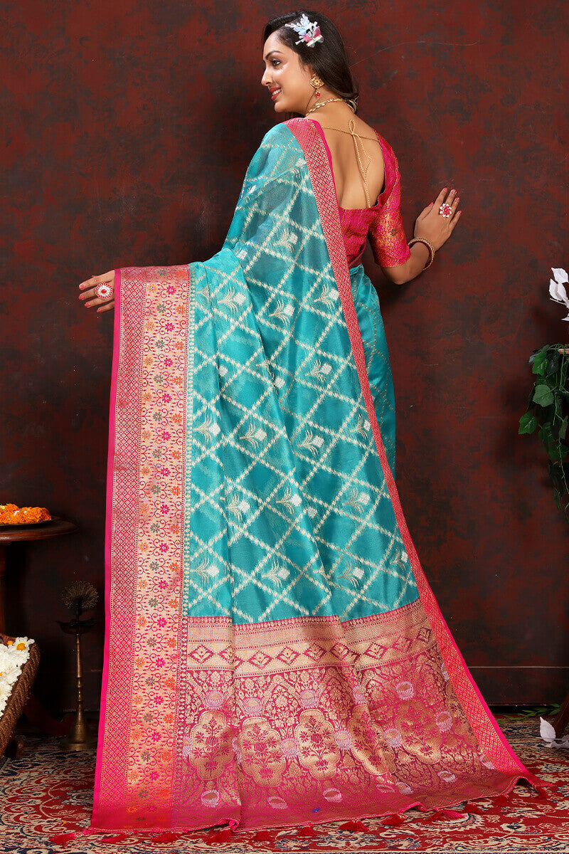 Phenomenal Firozi Soft Banarasi Silk Saree With Staring Blouse Piece