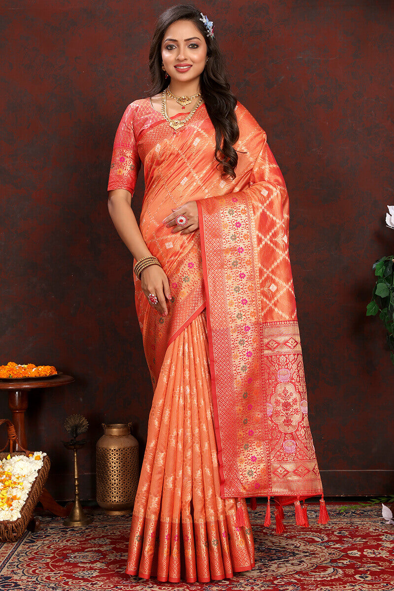 Beautiful Orange Soft Banarasi Silk Saree With Intricate Blouse Piece