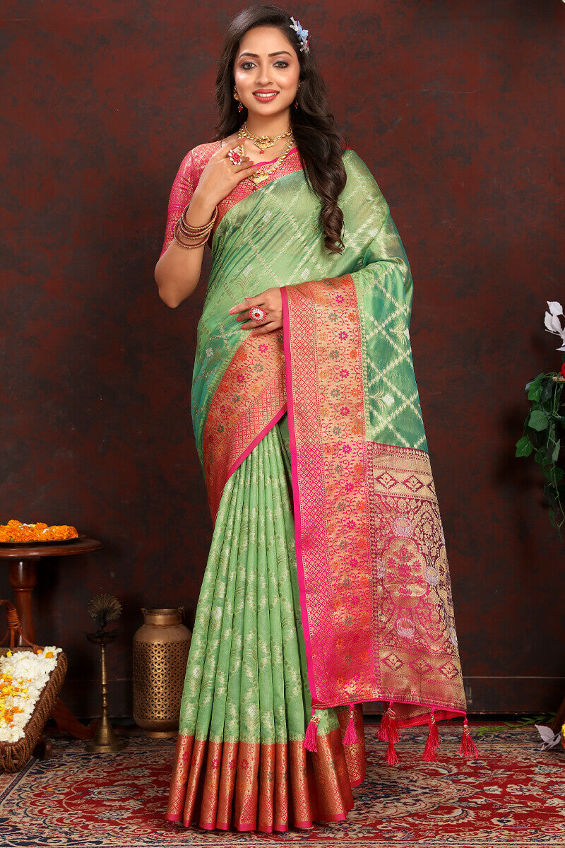 Exceptional Pista Soft Banarasi Silk Saree With Super extravagant Blouse Piece