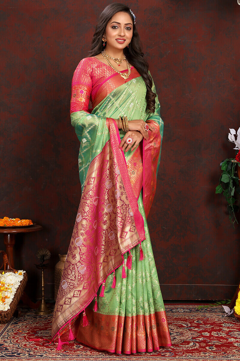 Exceptional Pista Soft Banarasi Silk Saree With Super extravagant Blouse Piece