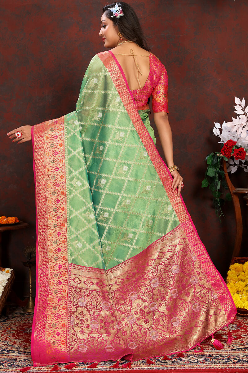 Exceptional Pista Soft Banarasi Silk Saree With Super extravagant Blouse Piece
