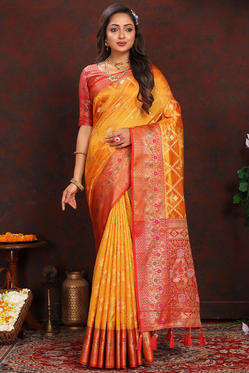 Enticing Yellow Soft Banarasi Silk Saree With Desuetude Blouse Piece