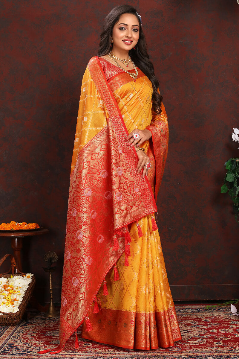Enticing Yellow Soft Banarasi Silk Saree With Desuetude Blouse Piece