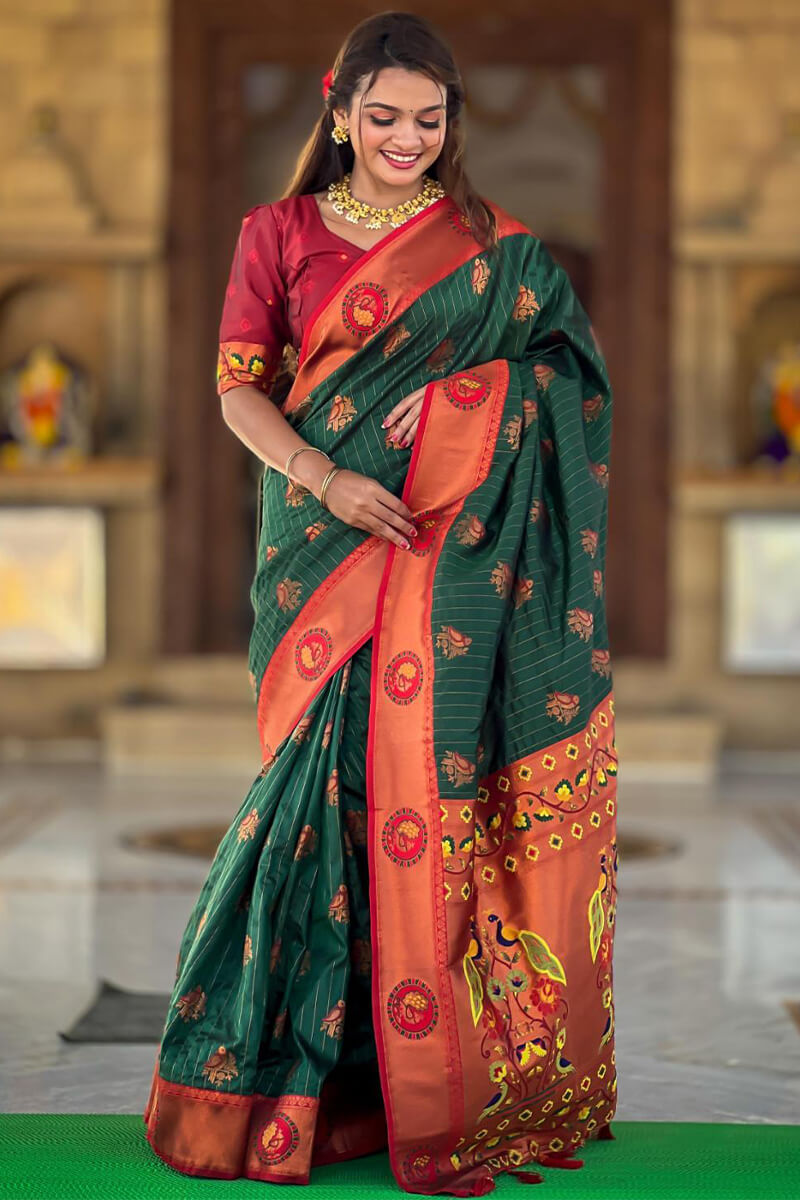An insanely Dark Green Paithani Silk Saree With Angelic Blouse Piece