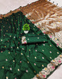 Deserving Dark Green Soft Banarasi Silk Saree With Gossamer Blouse Piece