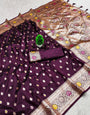 Outstanding Wine Soft Banarasi Silk Saree With Demanding Blouse Piece