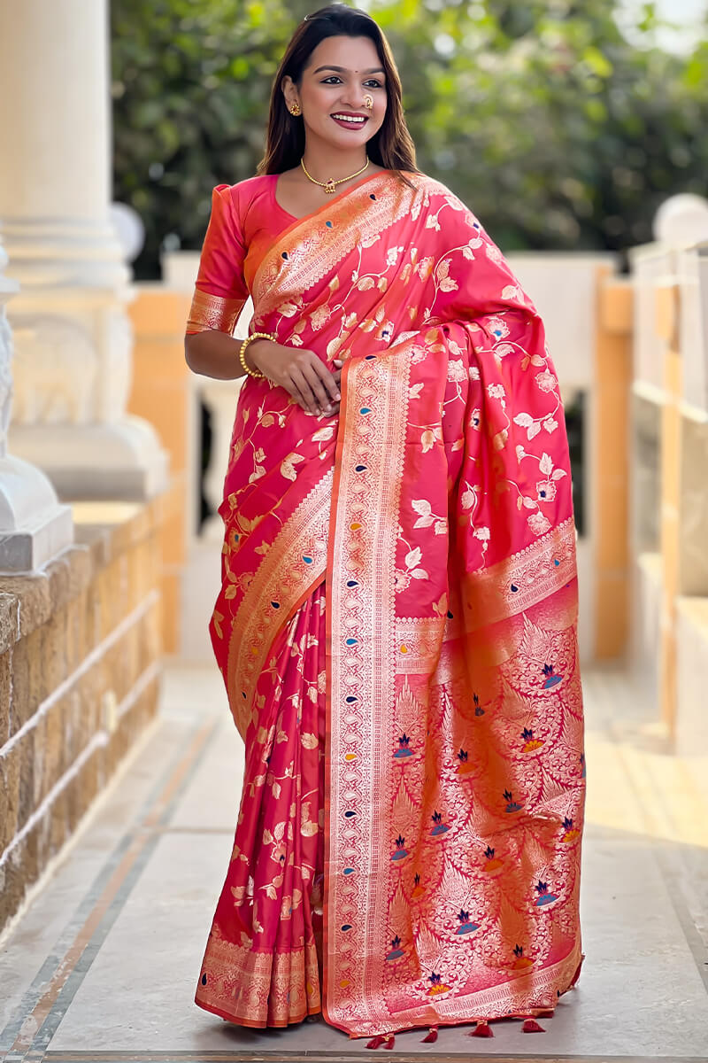 Gleaming Pink Soft Banarasi Silk Saree With Whimsical Blouse Piece