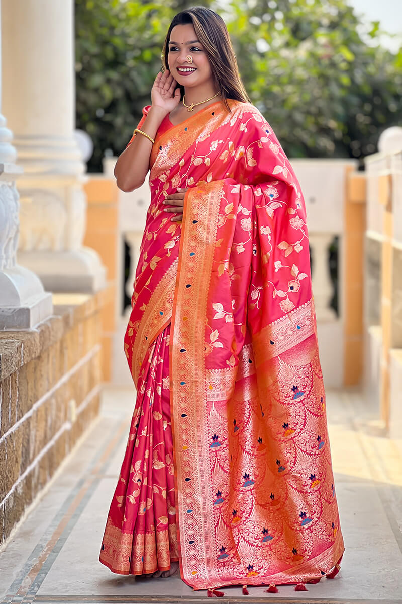 Gleaming Pink Soft Banarasi Silk Saree With Whimsical Blouse Piece