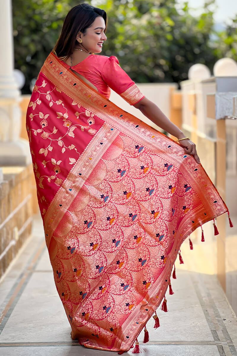 Gleaming Pink Soft Banarasi Silk Saree With Whimsical Blouse Piece
