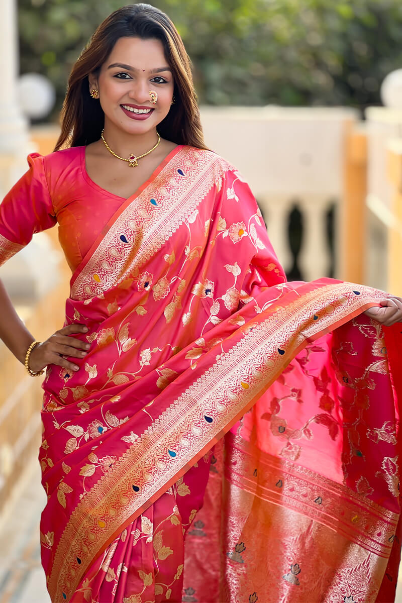 Gleaming Pink Soft Banarasi Silk Saree With Whimsical Blouse Piece