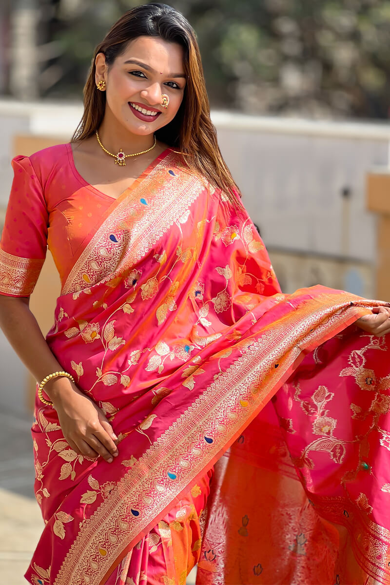 Gleaming Pink Soft Banarasi Silk Saree With Whimsical Blouse Piece