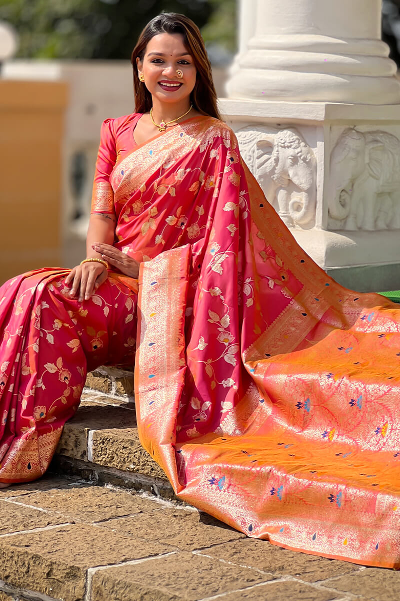 Gleaming Pink Soft Banarasi Silk Saree With Whimsical Blouse Piece