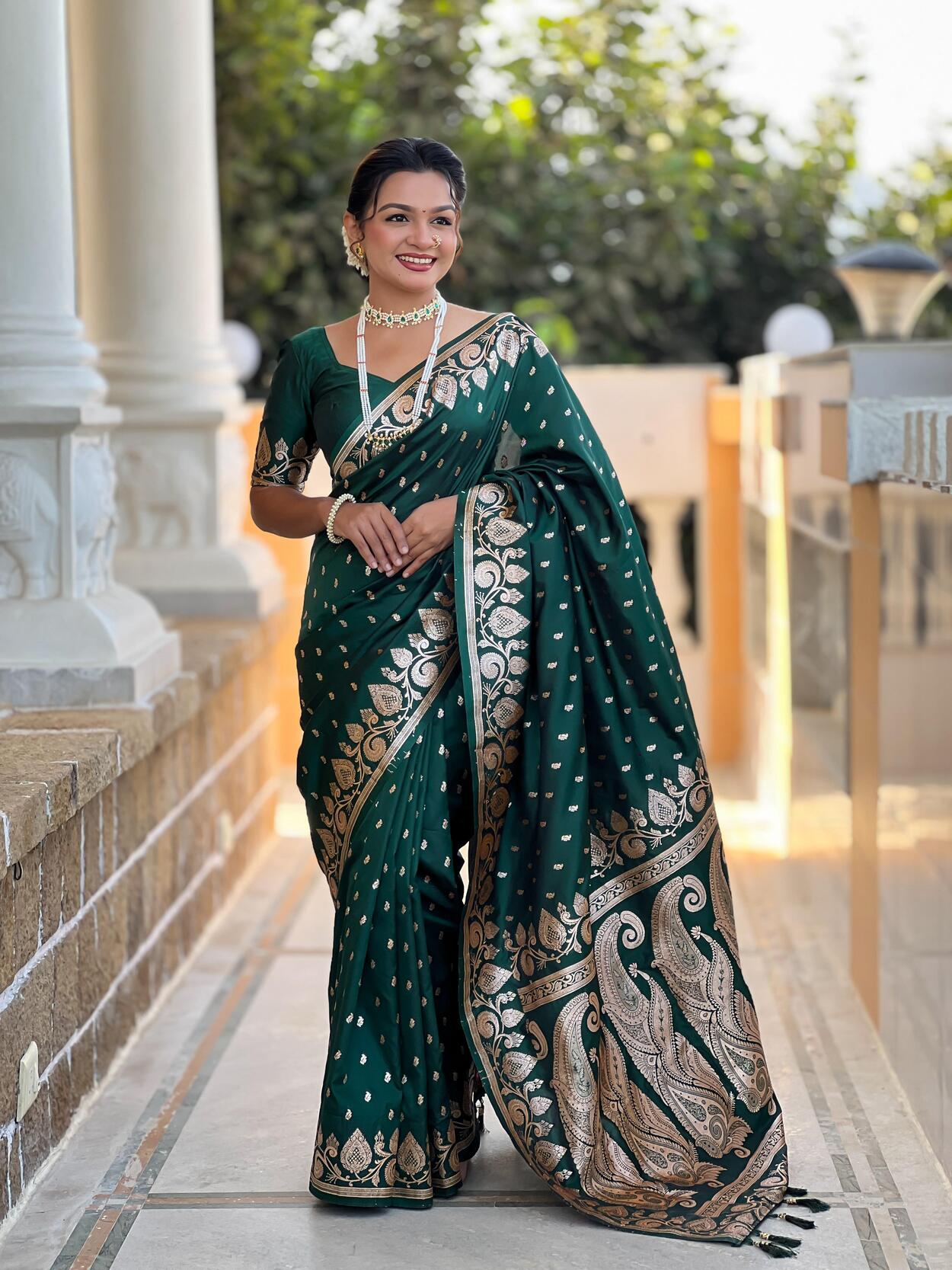 Nectarous Dark Green Soft Banarasi Silk Saree With Glamorous Blouse Piece